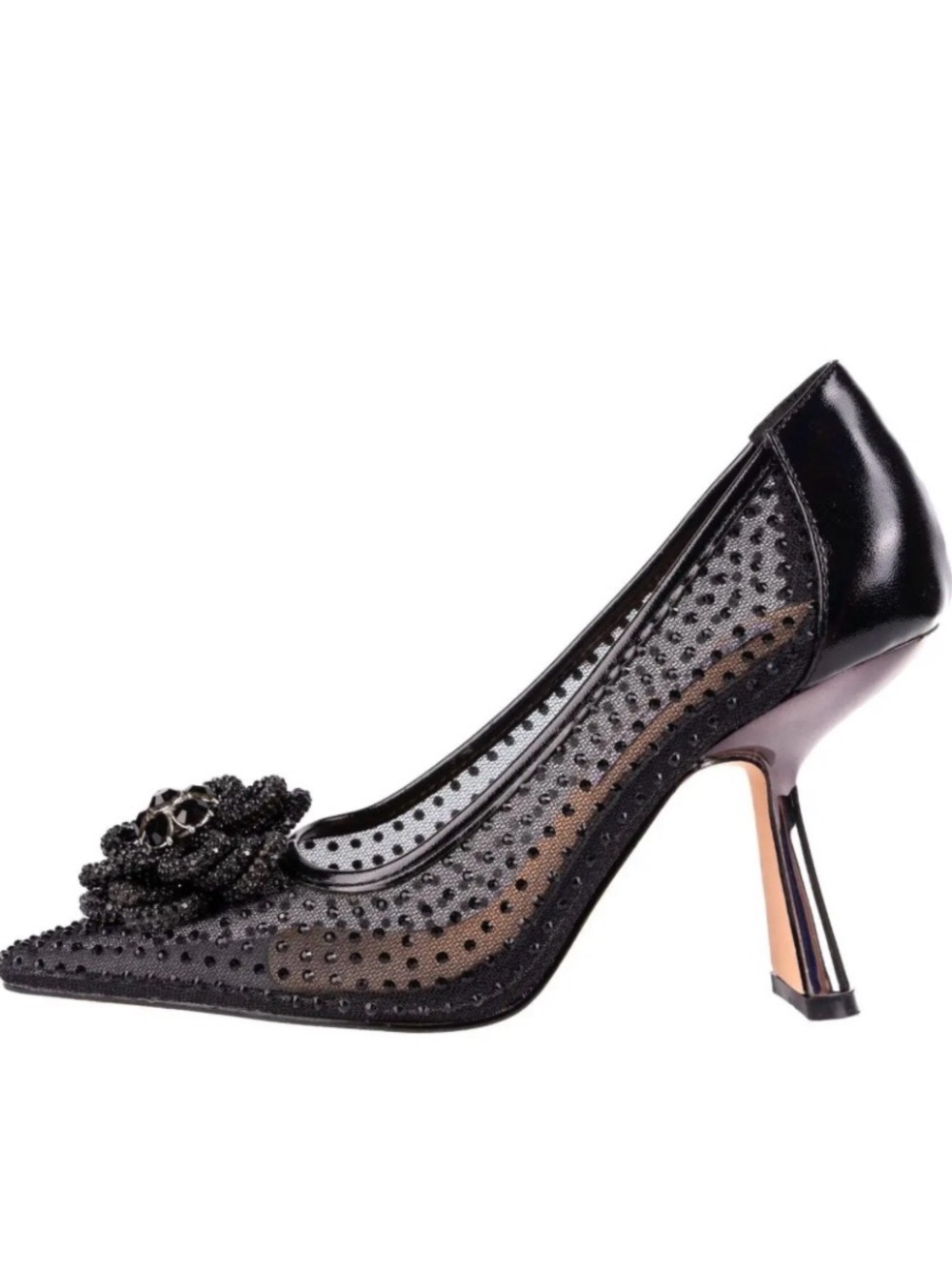 Black Mesh Pointed-Toe Heels with Floral Accent
